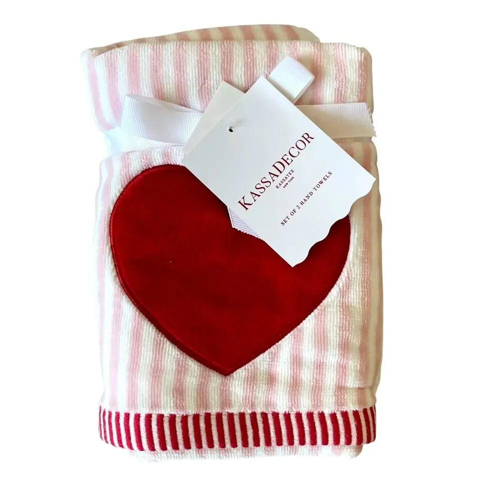 2pc Valentine's Day Hand Towels Embroidered Red Heart Pink Stripes 18x28 Cotton